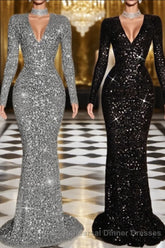 Sheath V-neck Long Sleeves Ruffles Sweep Train Velvet Sequins Dress